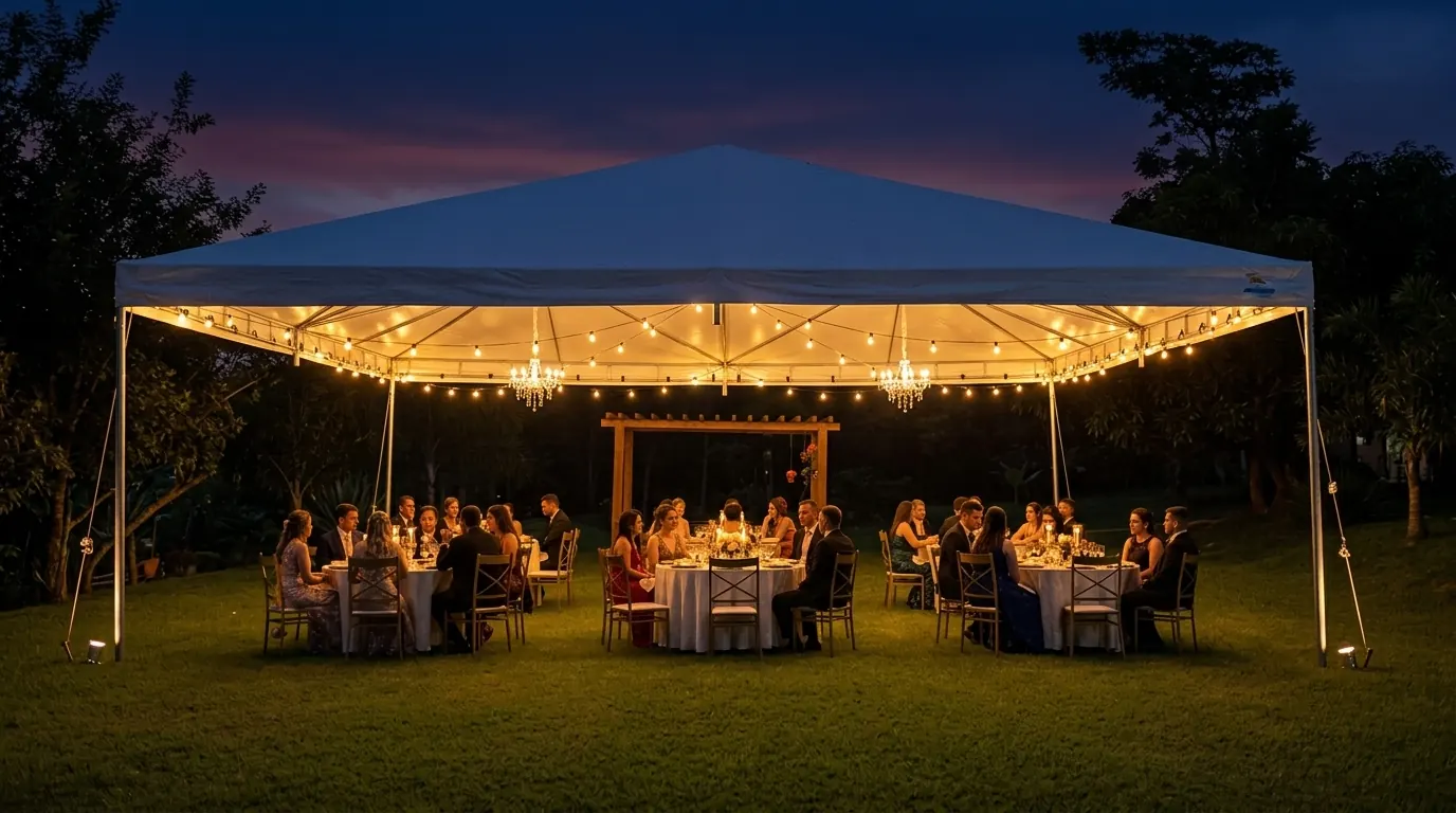 Tenda piramidal profissional da Lider Arte Tendas iluminada com luzes quentes para recepção noturna em Goiânia